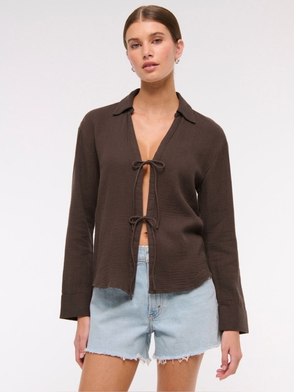 Tie-Front Gauzy Shirt Long-Sleeve Oversized  by Abercrombie & Fitch